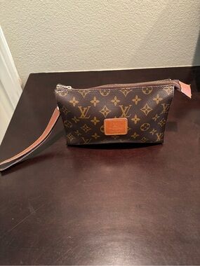LV Monogram Wristlet Pouch (Makeup Bag) - Brown with Tan Accents